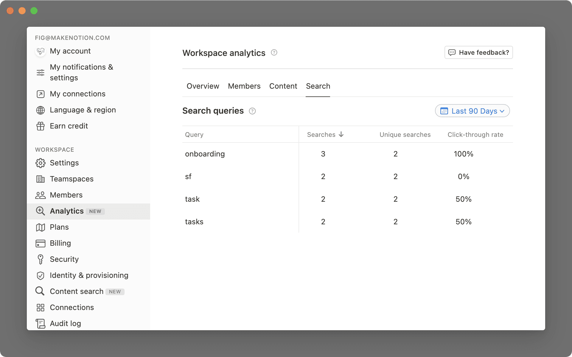 Workspace-Analysen: Registerkarte „Suche“