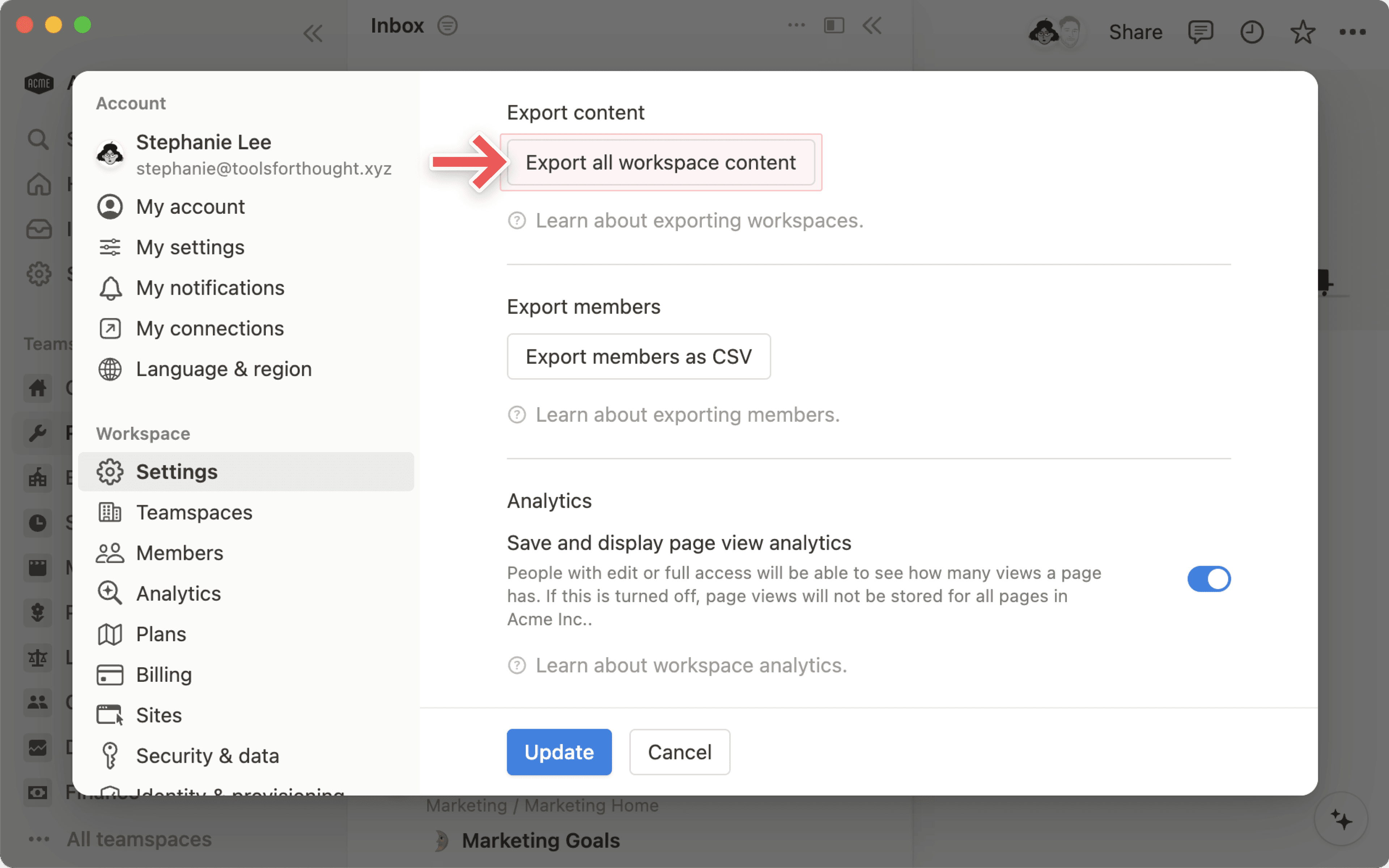 Workspace-Einstellungen – Gesamten Workspace exportieren