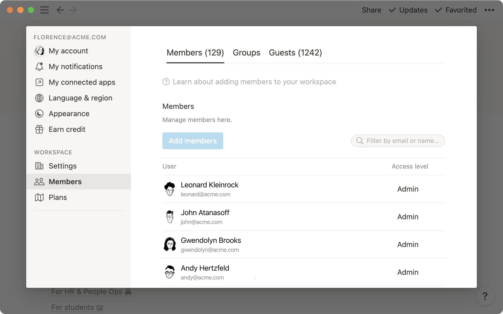 Erstelle eine Einbindung, mit der du alle Teammitglieder in deinem Notion-Workspace anzeigen kannst.