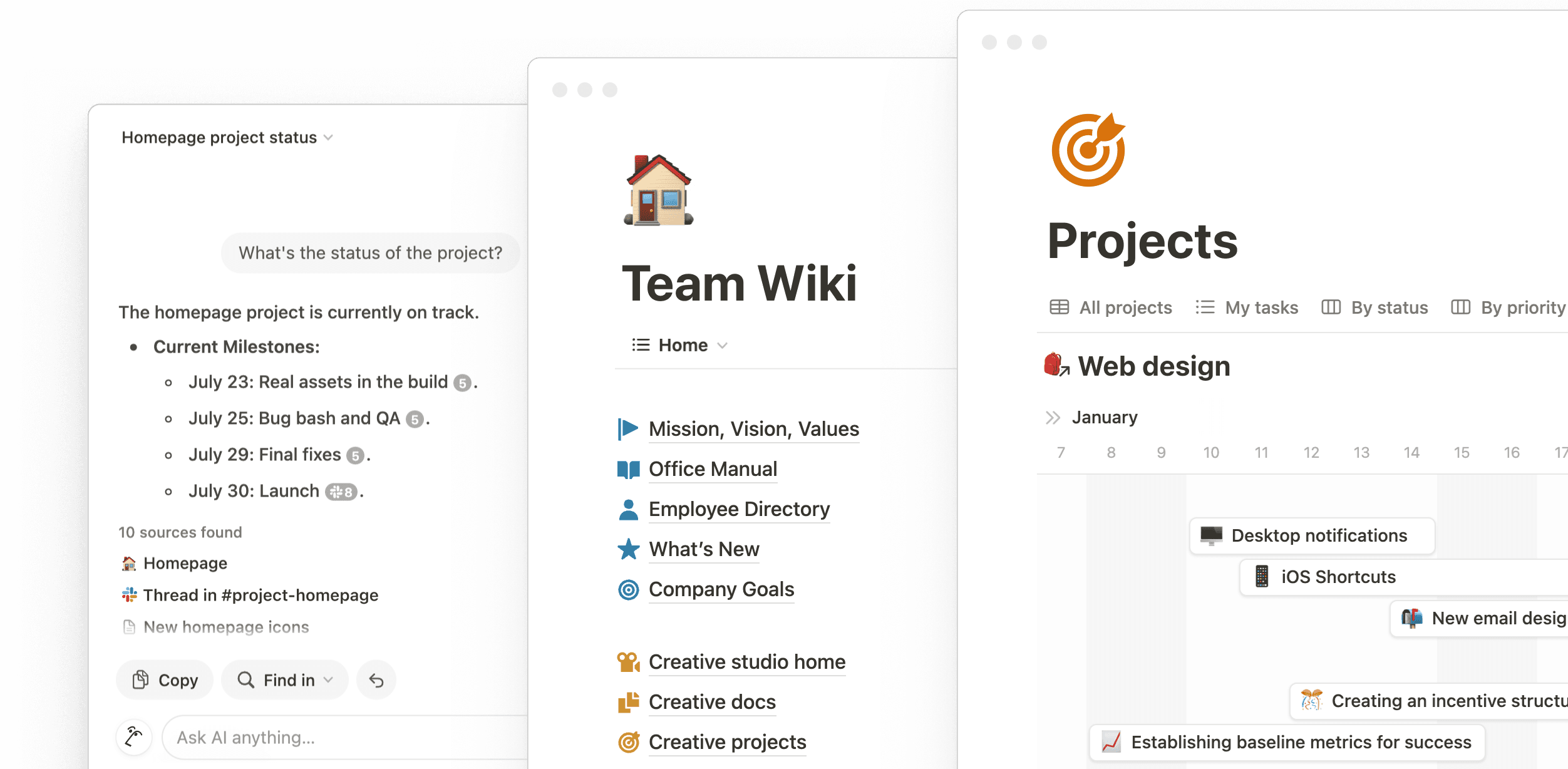 Espaço de trabalho do Notion exibindo lista de tarefas e wiki da equipe lado a lado