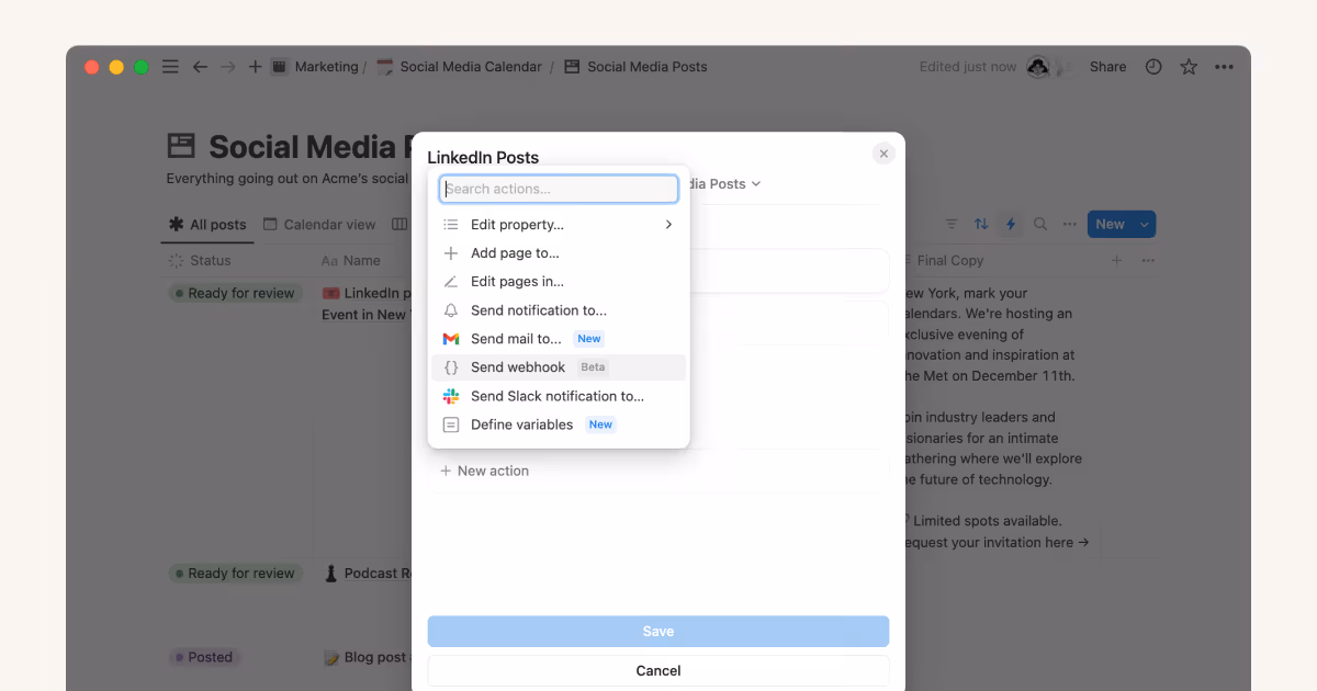 Social-Media-Posts von Notion mit Webhook-Aktionen teilen