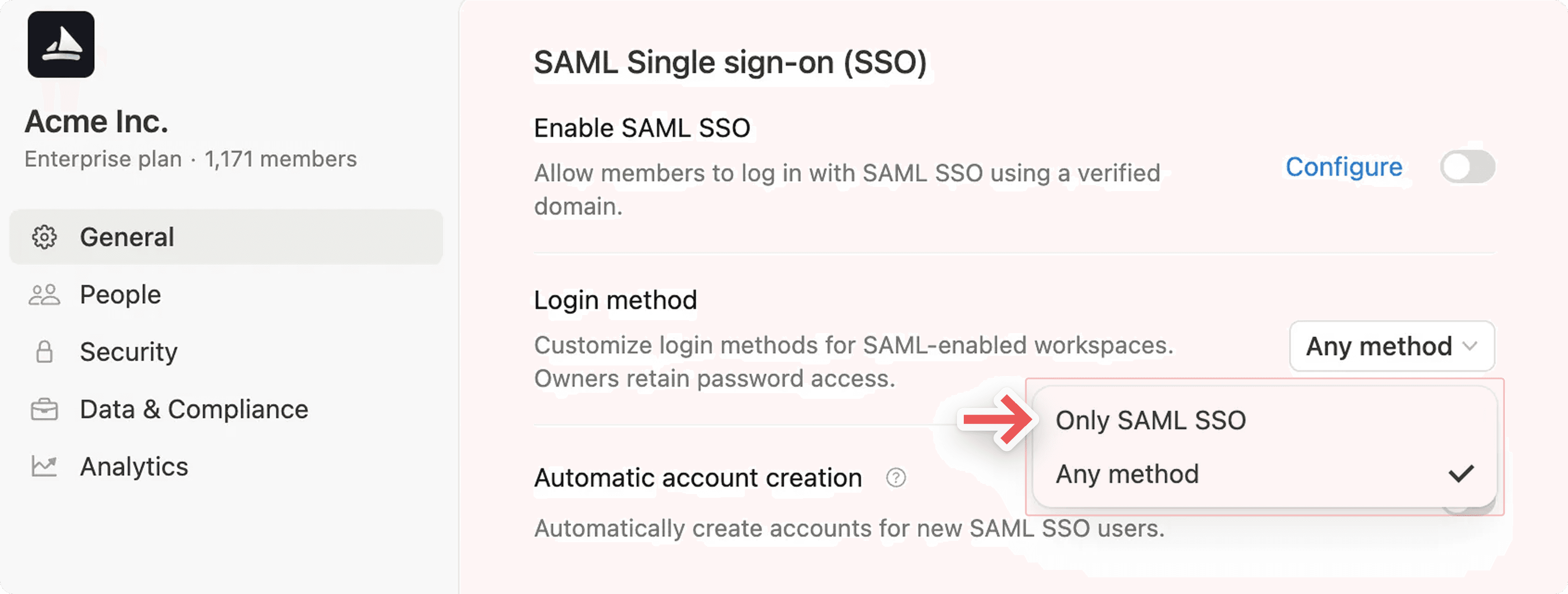 hc: Organisationskonsole zur SAML SSO-Durchsetzung